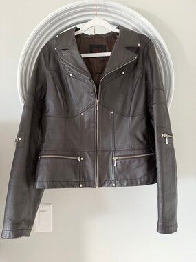 Oscar Leopold Brown Leather Moto Jacket Silver Studs Zip Pockets XL